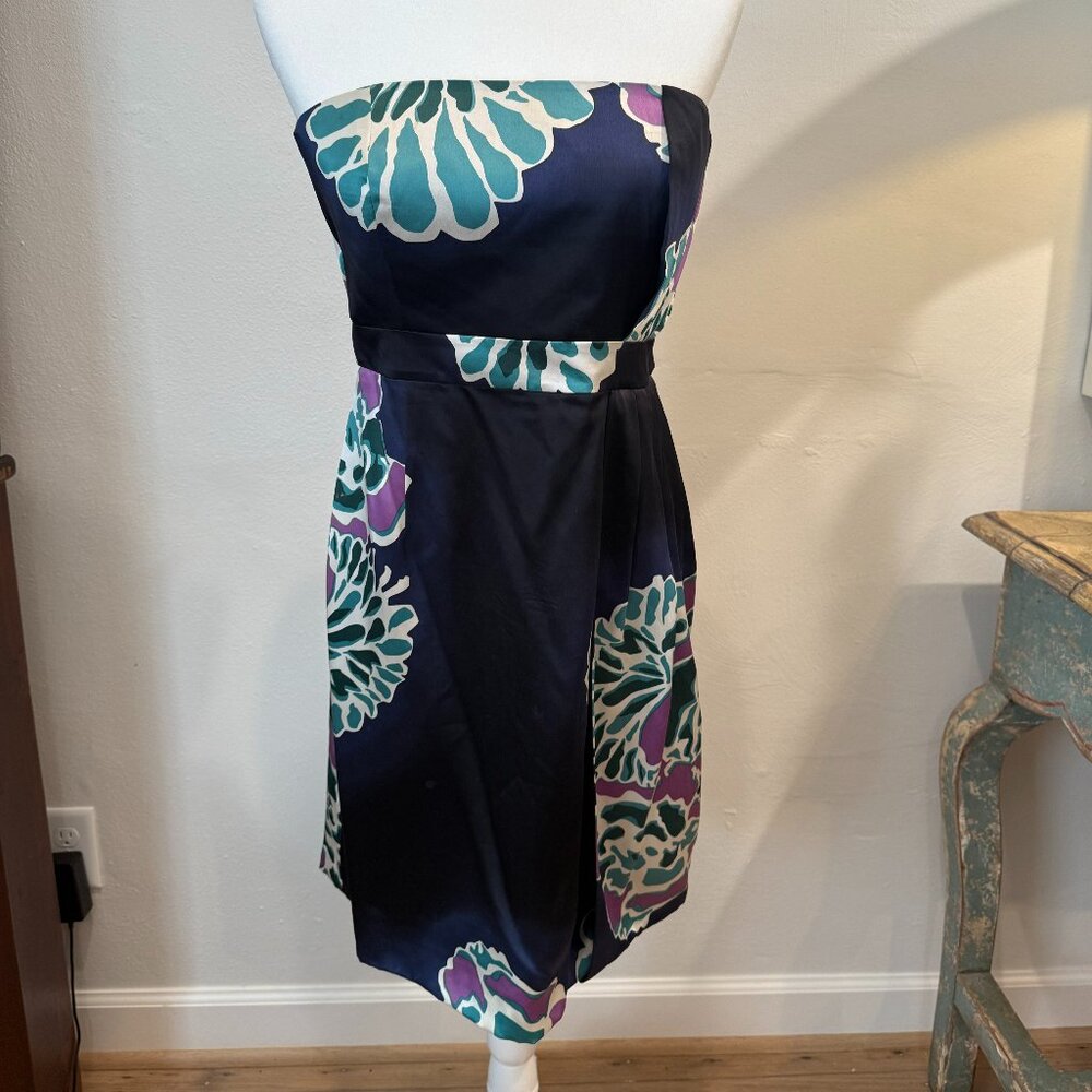 TIBI Anthropologie Silk Strapless Blue Teal Purple Floral Dress Size 10